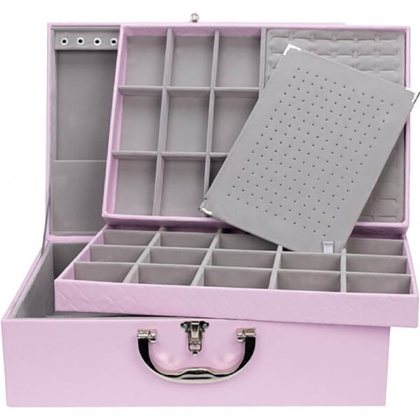 Maleta Grande Tripla Porta Joias Rosa Bebe com Cinza Aberta Kratos Embalagens